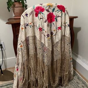 Vintage Silk Piano Shawl Floral Embroidered Cream